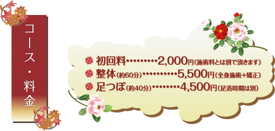 整体（約60分）・・・・・・・・・・5,000円（全身施術＋矯正） 足つぼ（約40分）・・・・・・・・4,000円（足浴時間は別）